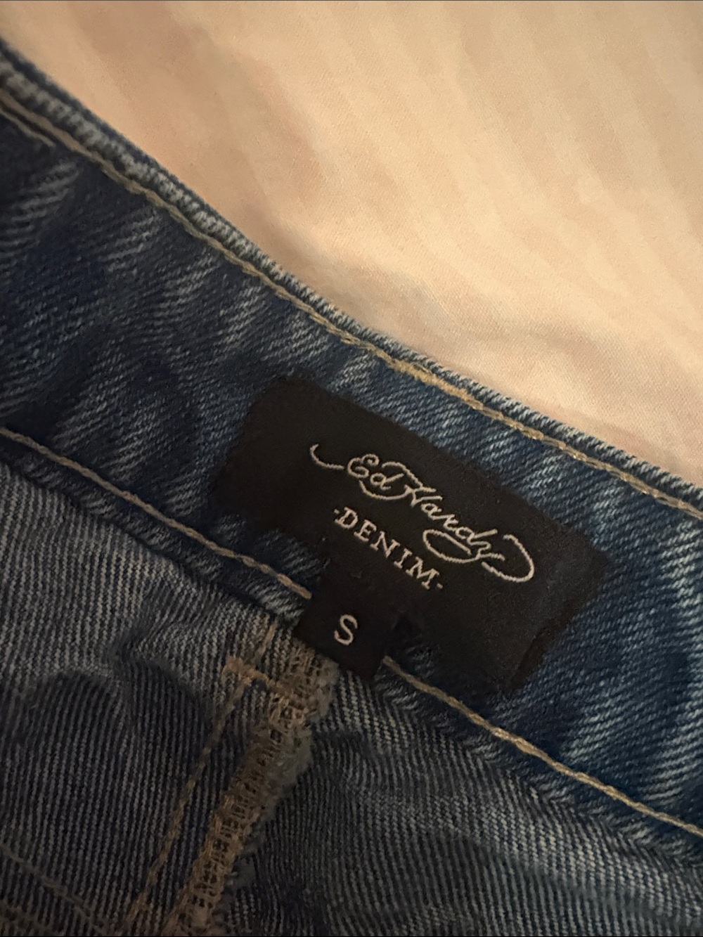 Ed Hardy Blue Denim Shorts with White Logo and Colorful Patch - Picture 4 of 6